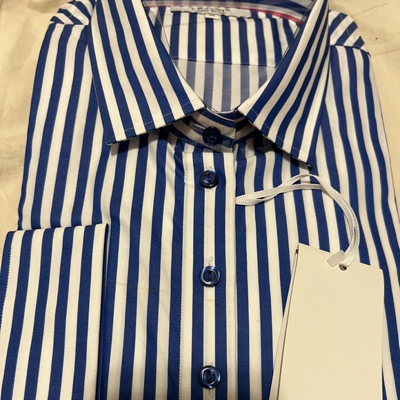 TM Lewin Blue & White Striped Fully Fitted Button Down Shirt - UK 18; US 16 - Picture 2 of 4
